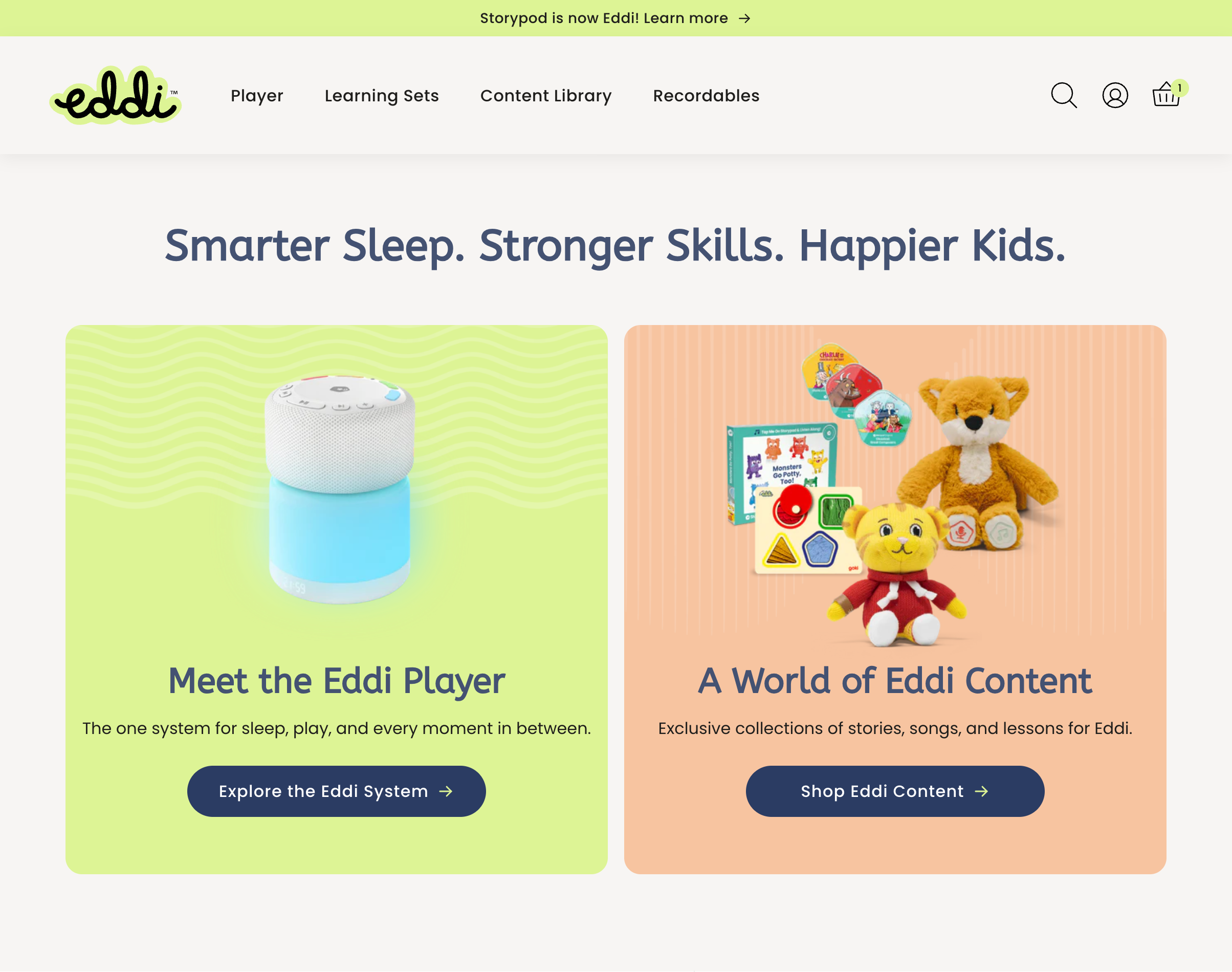 Eddi homepage section with player and content pathway cards