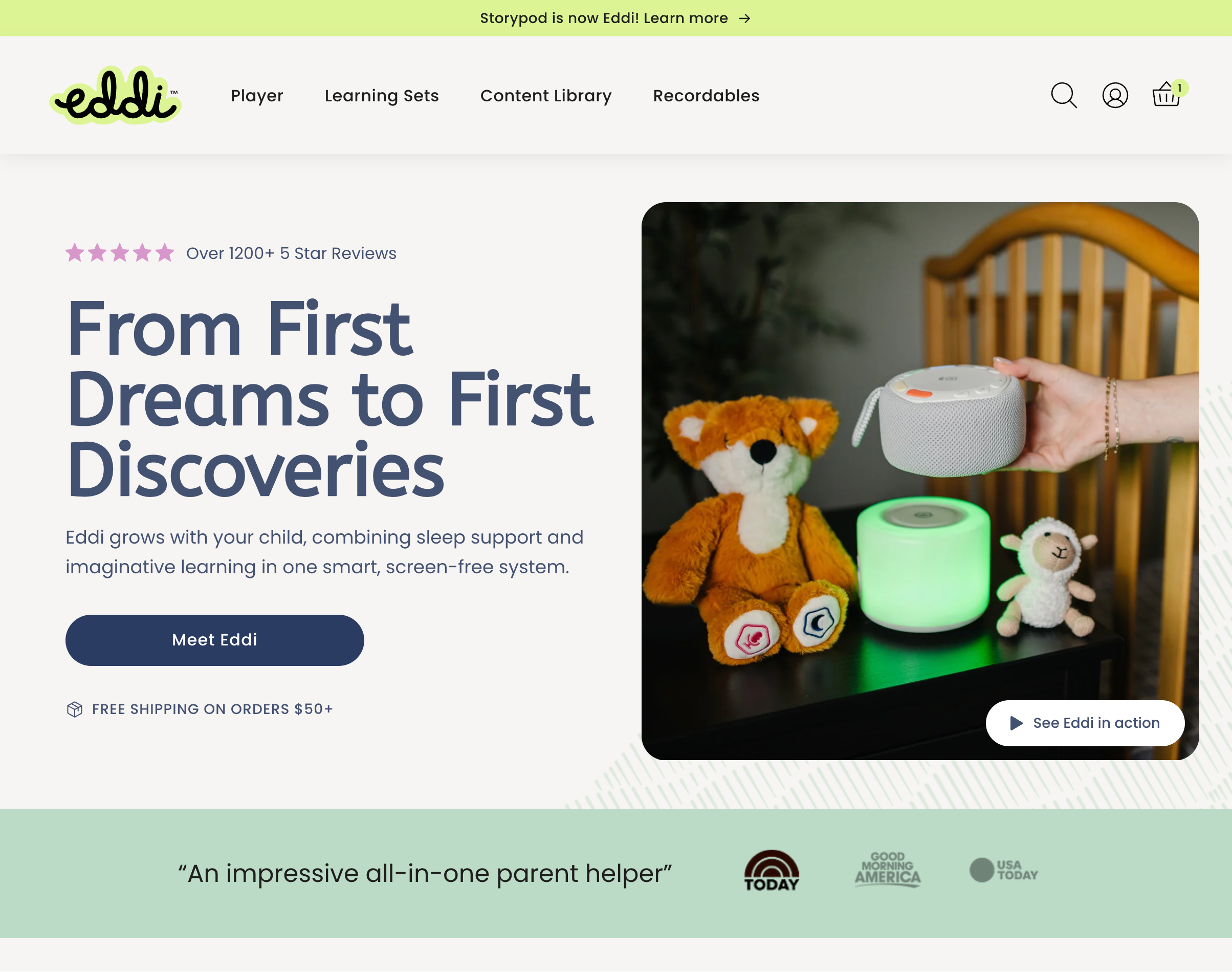 Eddi homepage hero with reviews, headline, and press logos