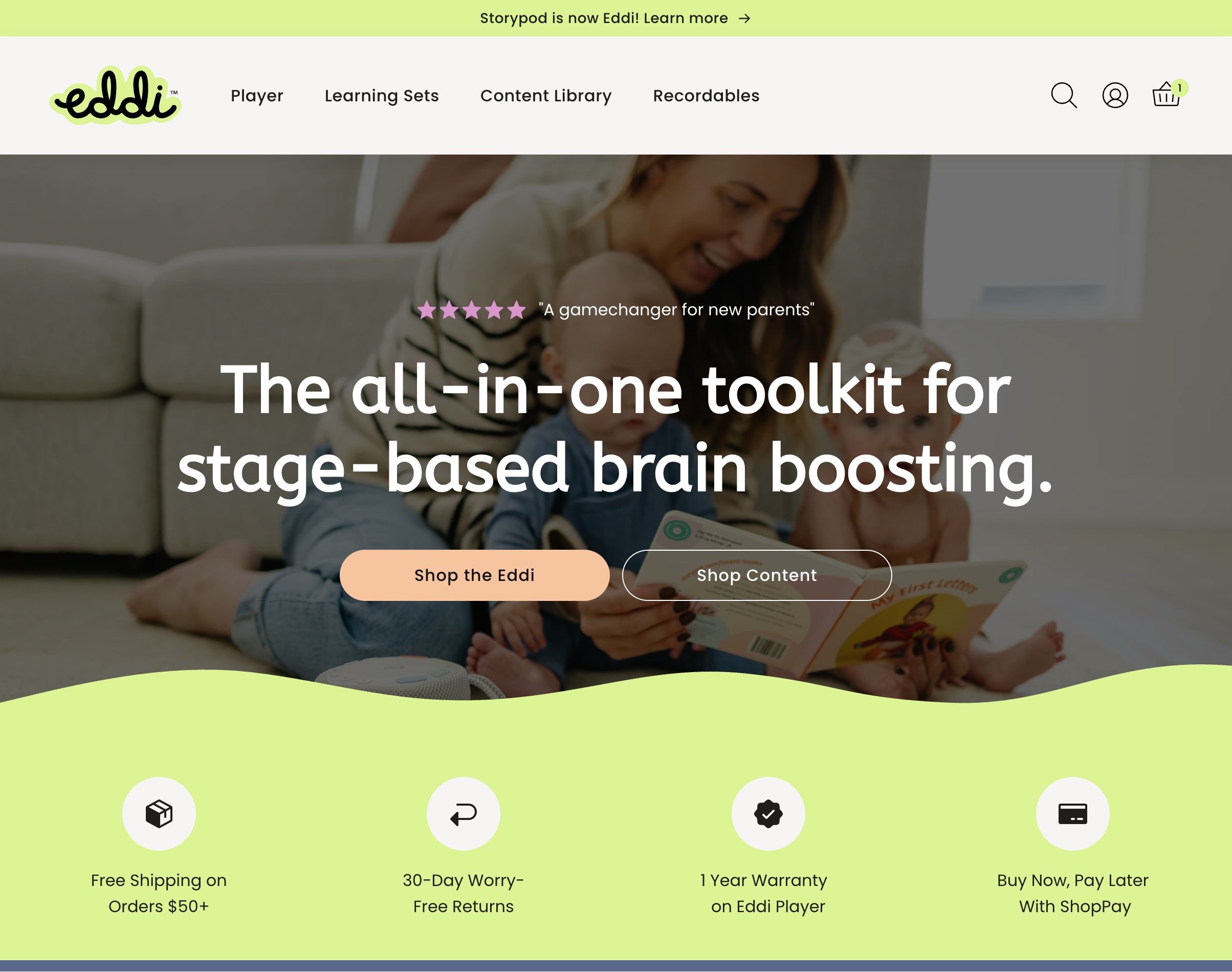 Eddi lifestyle homepage section with trust icons and shop CTAs